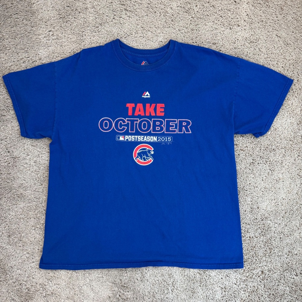 Vtg Chicago Cubs T‎ Shirt Majestic Take October Postseason 2015 Blue Mens XL Tee